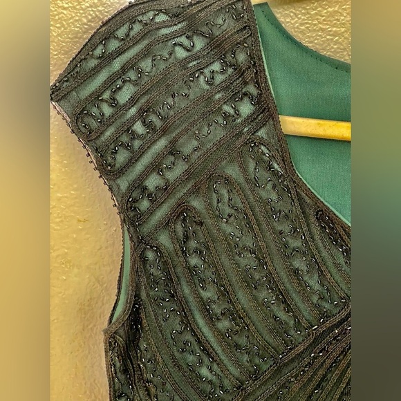 20’s Flapper Beaded Cocktail Green and Black Dress Fringe Cap Sleeve Size S - Picture 10 of 13